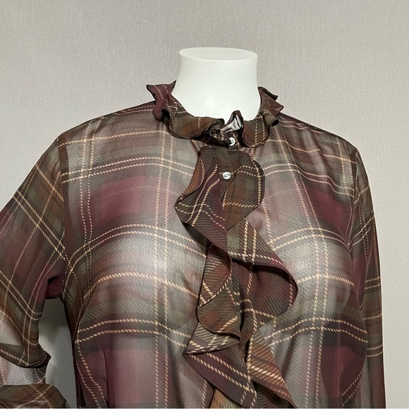 Chaps Burgundy Plaid Sheer Ruffle Blouse Sz-XL