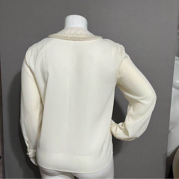 Worthington Pearl Beaded Peter Pan Collar Cream Blouse Sz-18M