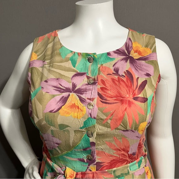 Coldwater Creek Floral Sleeveless Tie Waist Button Front Dress Sz-16P