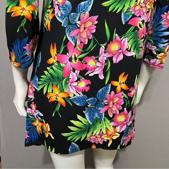 Cha Cha Vente Black With Hawaiian Floral Print Cold Shoulder Top Sz-Large