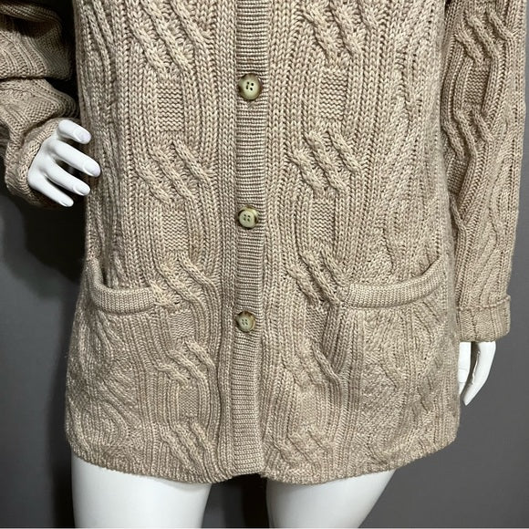 Talbots 100% Wool Tan Button Front Cable Knit Chunky Cardigan Sz-XL