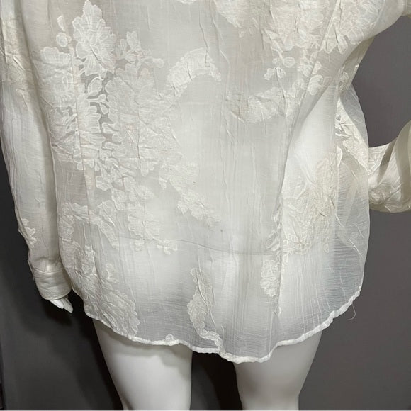 Outfit Woman Cream Sheer Lace Linen Blend Button Front Top Sz-2X