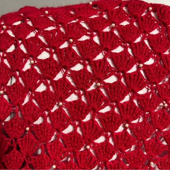 Red Crochet White Pearl Cardigan Sweater Sz-Xtra Small/Small