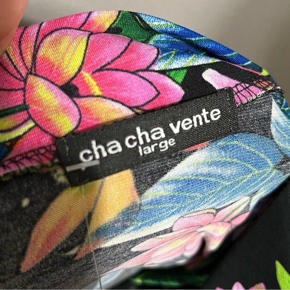 Cha Cha Vente Black With Hawaiian Floral Print Cold Shoulder Top Sz-Large