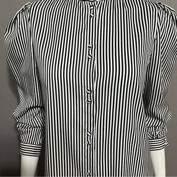 Vintage Blouseworks Black White Striped Pleated Collar Sz- Medium