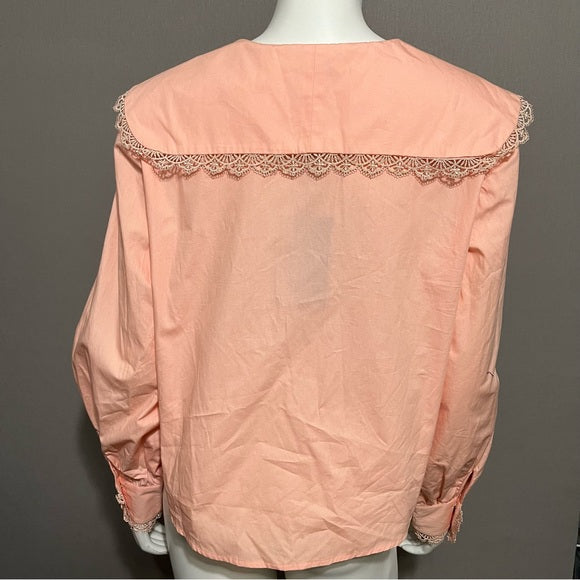 Yas Large Square Collared 100% Cotton Peach Lace Shirt Sz-Large