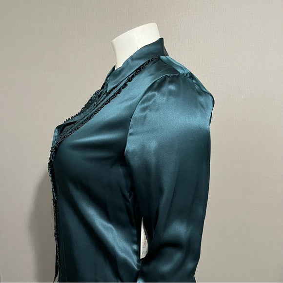 Kate Hill Emerald Green Ruffle 100% Silk Blouse Sz-14