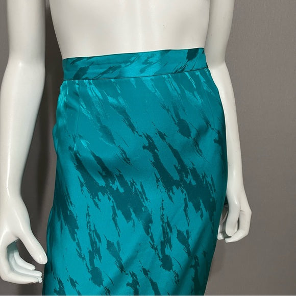 Vintage 100% Silk Pencil Green Turquoise Skirt Sz-10