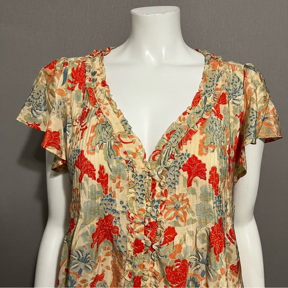 Joie 100% Silk Floral Short Sleeve Blouse Sz-Medium