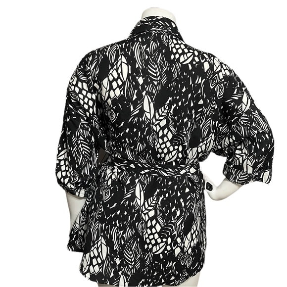 East 5th Black & White Artsy Printed Linen Blend Tie Waist Shirt Sz-2X