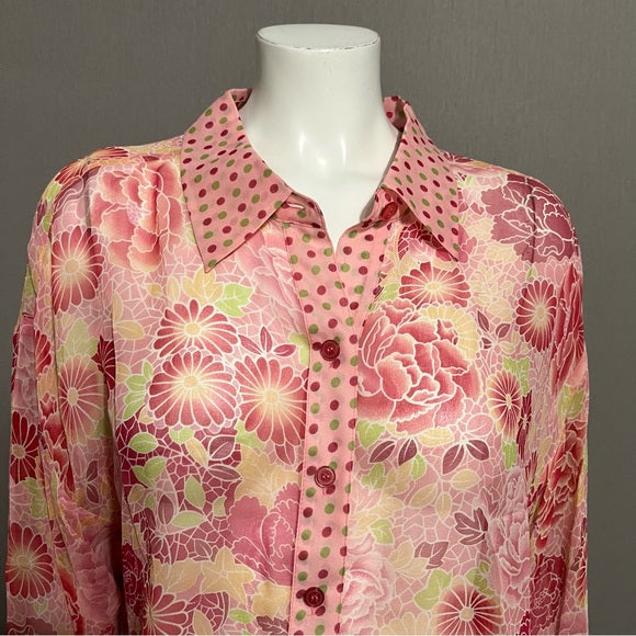 Spenser Jeremy Pink Artsy Sheer 100% Silk Blouse Sz-XL