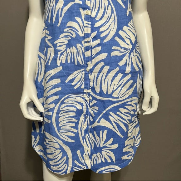 Island Company Tropical Print Blue &amp; White Sleeveless 100% Linen Dress Sz-Medium