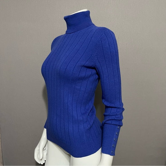 Talbots Blue Ribbed Cotton Blend Turtleneck Sweater Sz-Small-Petite