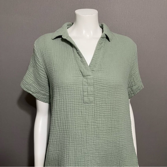 Green Textured Green 100% Cotton Tunic Dress Sz-Large