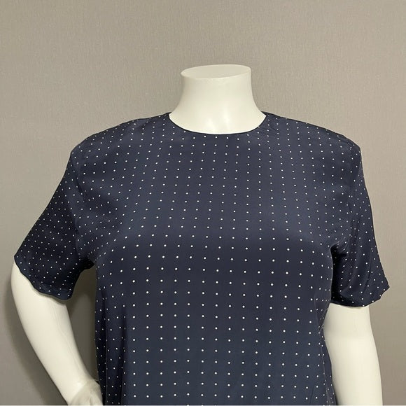 Nora Noh Navy 100% Silk Polka Dot Short Sleeve Blouse Sz-XL