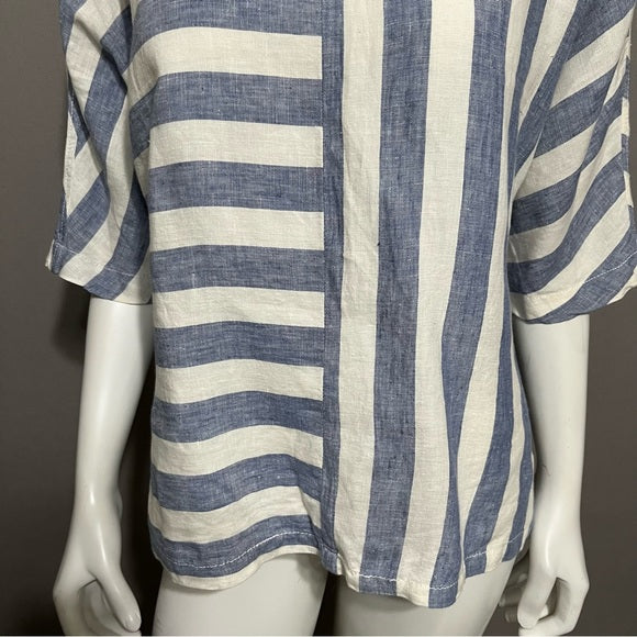 Caslon Blue | White 100% Linen Striped V-Neck Top Sz-Medium