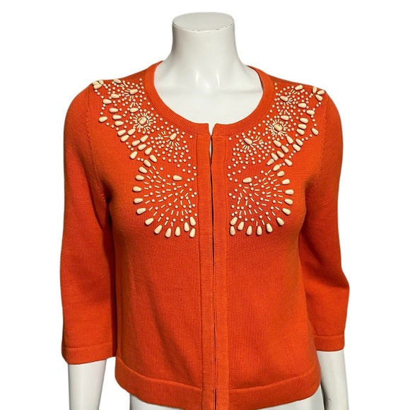 Banana Republic Orange Beaded Open Front Artsy 100% Cotton Cardigan Sz-Medium