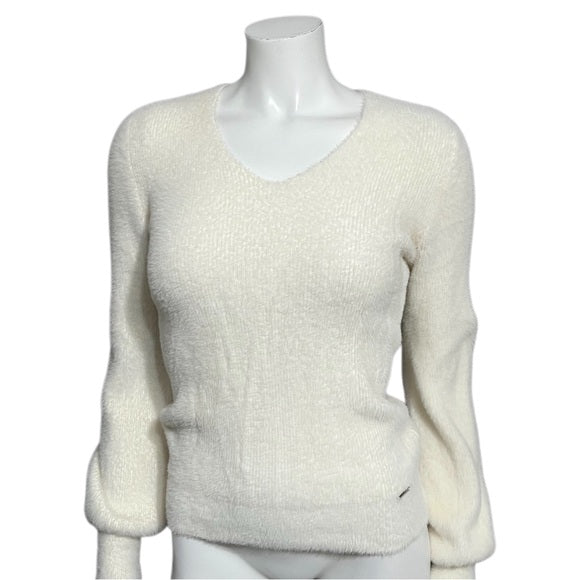 Tahari Fuzzy Cream V-Neck Long Sleeve Sweater Sz-Small