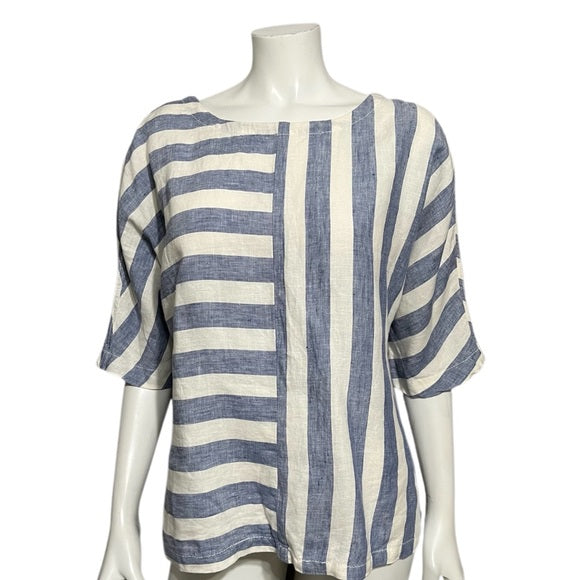 Caslon Blue | White 100% Linen Striped V-Neck Top Sz-Medium