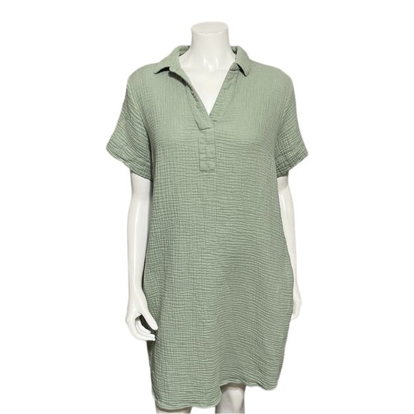 Green Textured Green 100% Cotton Tunic Dress Sz-Large