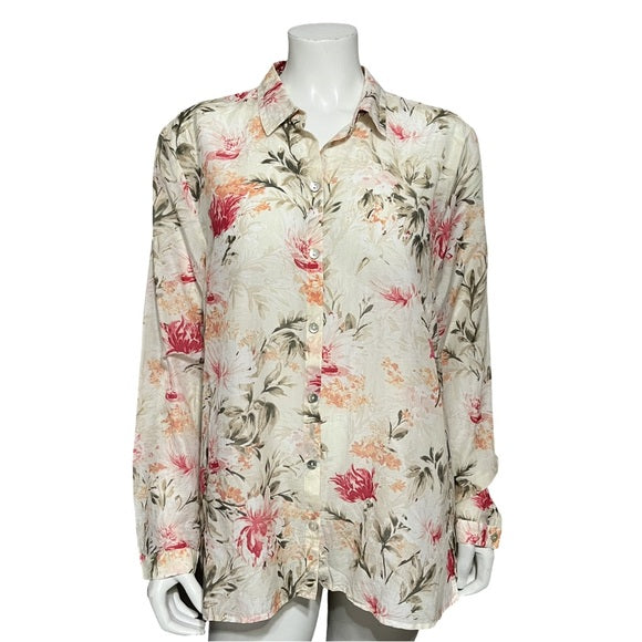 J.Jill Cotton | Silk Floral Button Front Shirt Sz-Large