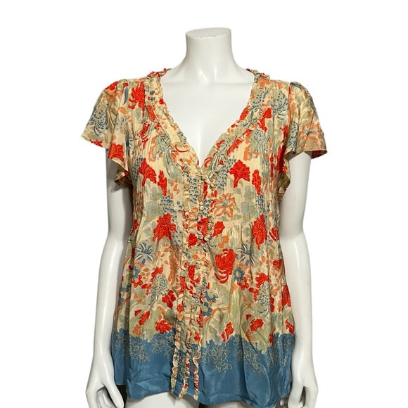 Joie 100% Silk Floral Short Sleeve Blouse Sz-Medium