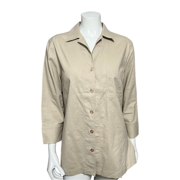 Liz Baker Brown Cotton | Linen Button Front Shirt Sz-Large