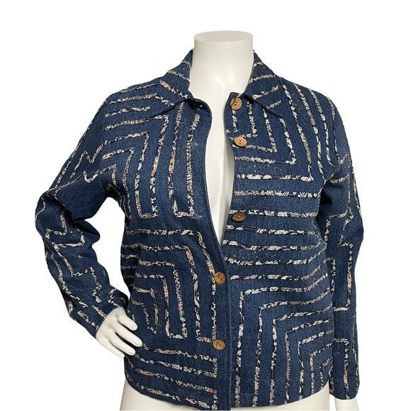 Coldwater Creek Denim Artsy Geometric Appliqué 100% Cotton Jacket Size - Large