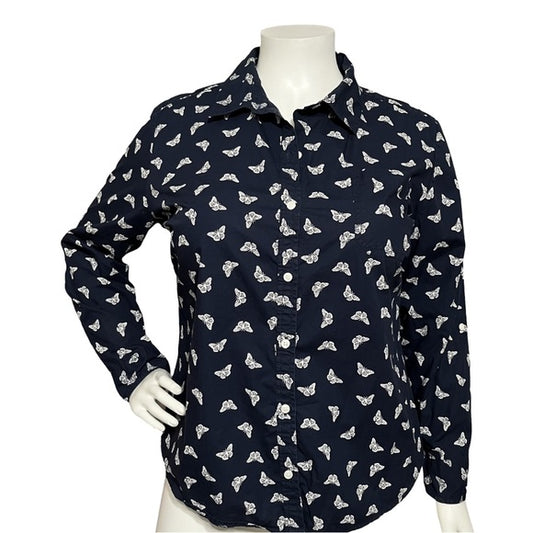 Karen Scott 100% Cotton Navy Butterfly Button Front Shirt Size Extra Large