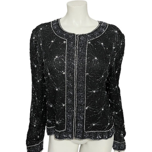 Papell Boutique 100% Silk Beaded Cropped Cocktail Jacket Sz-Large