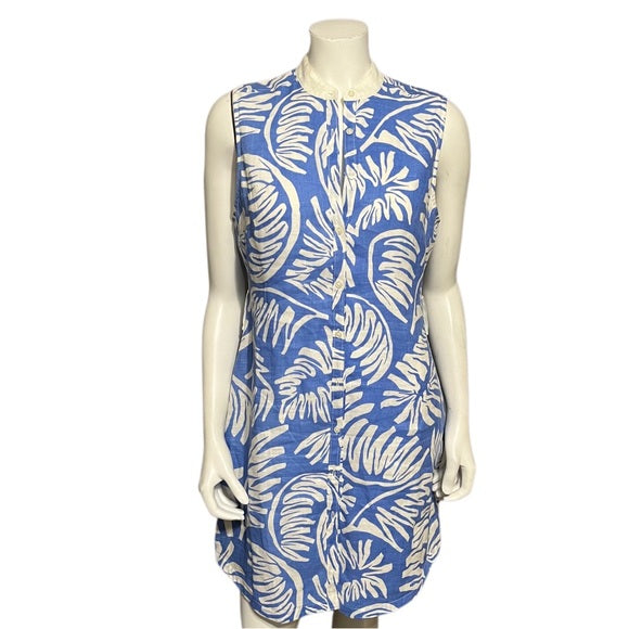 Island Company Tropical Print Blue &amp; White Sleeveless 100% Linen Dress Sz-Medium