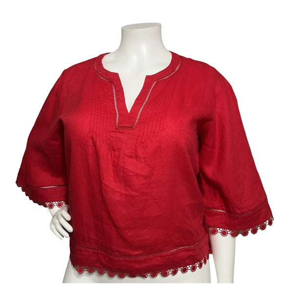 Lauren Ralph Lauren Red 100% Tunic Linen With Embellished Trim Top Size - XL