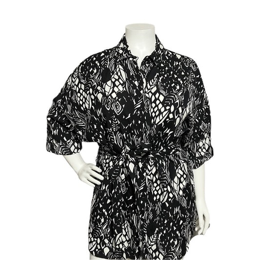 East 5th Black & White Artsy Printed Linen Blend Tie Waist Shirt Sz-2X