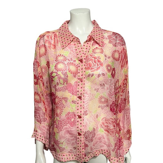 Spenser Jeremy Pink Artsy Sheer 100% Silk Blouse Sz-XL