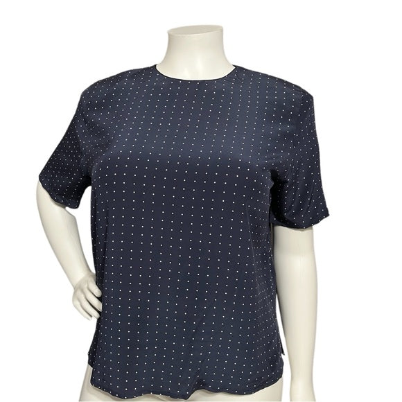 Nora Noh Navy 100% Silk Polka Dot Short Sleeve Blouse Sz-XL