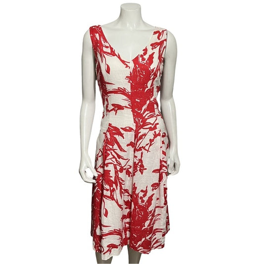 Coldwater Creek 100% Linen Red & White Print Fit & Flare Dress Sz-12