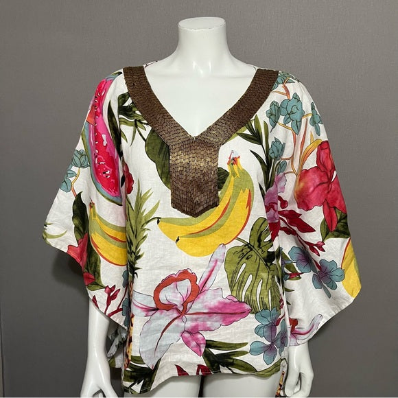 Peck & Peck 100% Linen Floral Beaded Collar Poncho Oversized Top Sz-Small