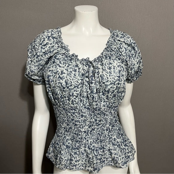 Lauren Ralph Lauren Blue Gathered 100% Cotton Floral Shirt Sz-Medium