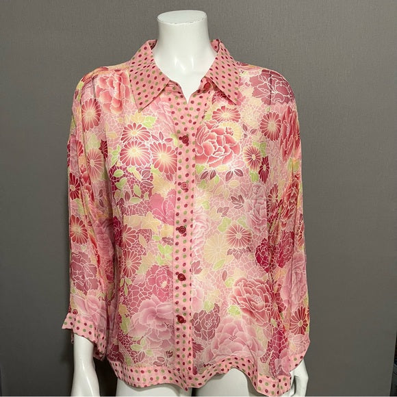 Spenser Jeremy Pink Artsy Sheer 100% Silk Blouse Sz-XL