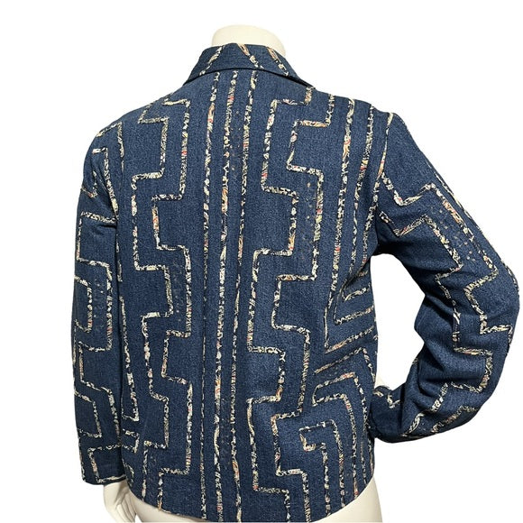 Coldwater Creek Denim Artsy Geometric Appliqué 100% Cotton Jacket Size - Large