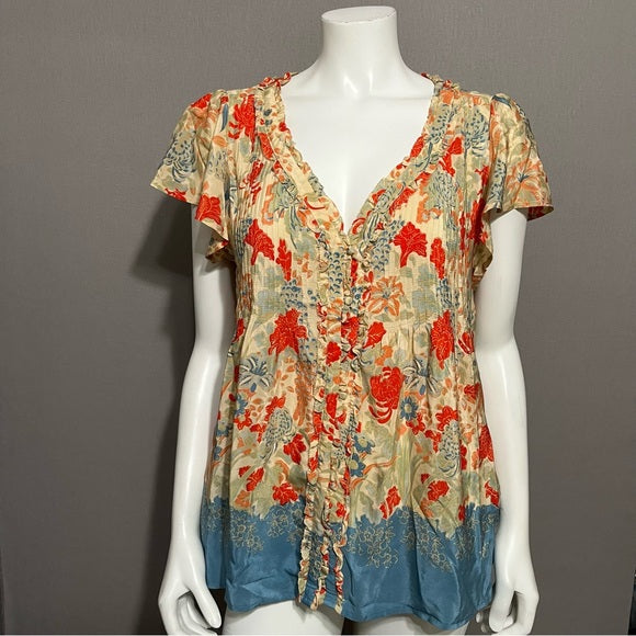 Joie 100% Silk Floral Short Sleeve Blouse Sz-Medium