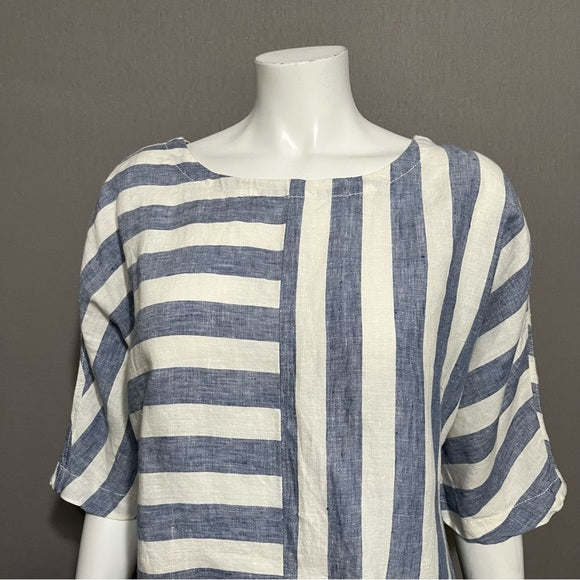 Caslon Blue | White 100% Linen Striped V-Neck Top Sz-Medium