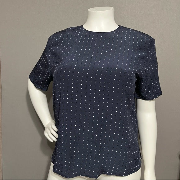 Nora Noh Navy 100% Silk Polka Dot Short Sleeve Blouse Sz-XL