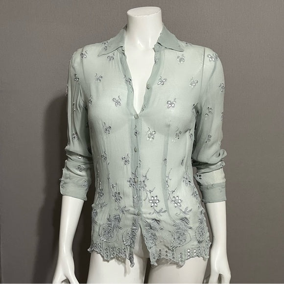 ECI New York Mint Green Silk Like Lace Blouse Sz-Small