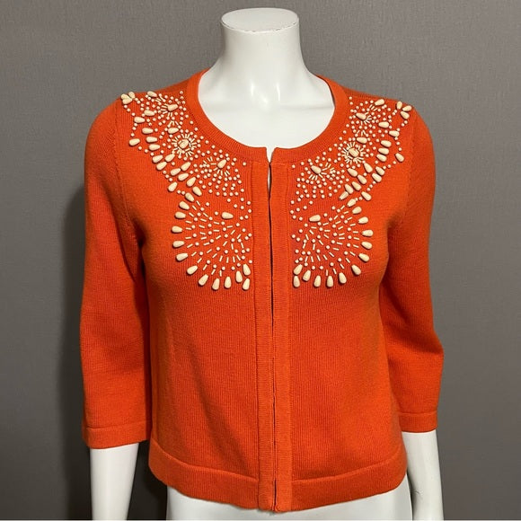 Banana Republic Orange Beaded Open Front Artsy 100% Cotton Cardigan Sz-Medium