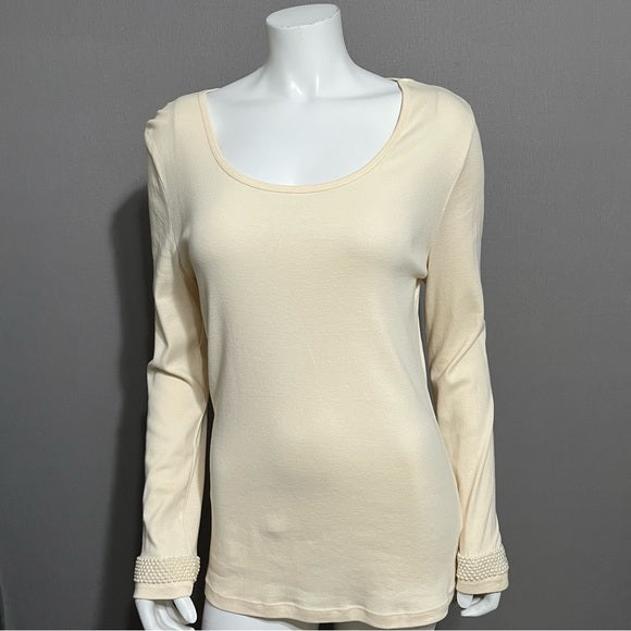 Newport News 100% Cotton Cream Long Sleeve Pearl Cuff Sleeve Sz-Large