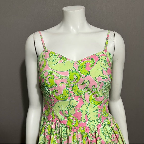 Lilly Pulitzer Pink & Green Animal Print 100% Cotton Dress Sz-2