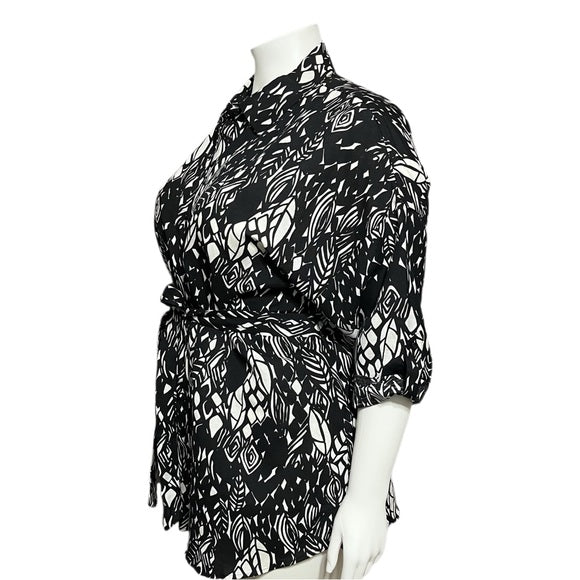 East 5th Black & White Artsy Printed Linen Blend Tie Waist Shirt Sz-2X