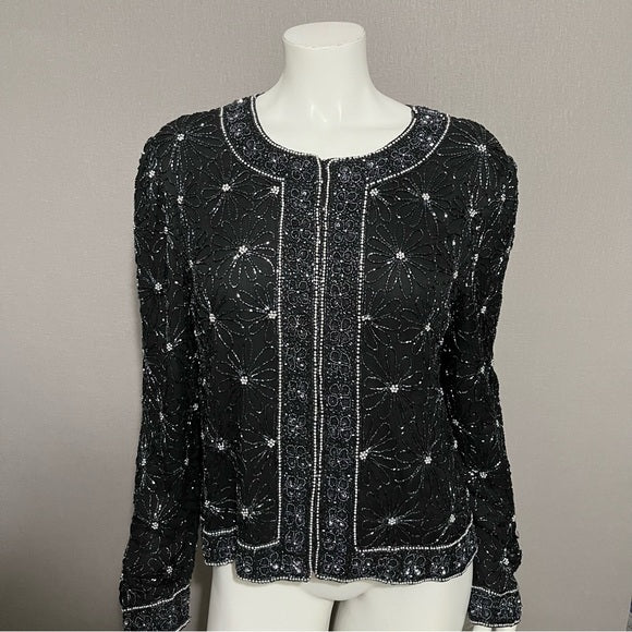 Papell Boutique 100% Silk Beaded Cropped Cocktail Jacket Sz-Large