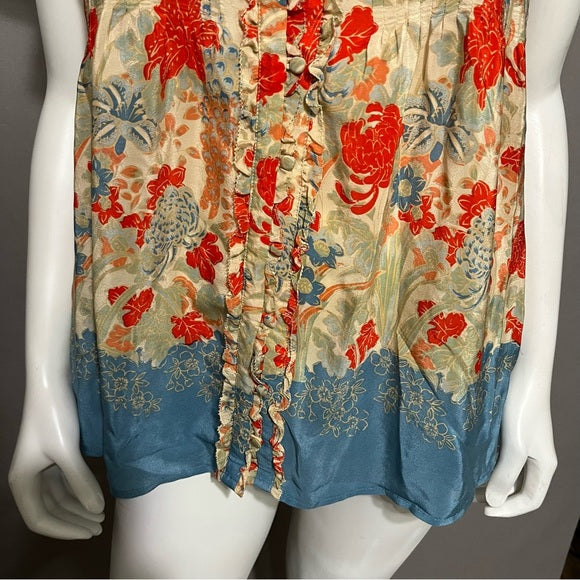 Joie 100% Silk Floral Short Sleeve Blouse Sz-Medium